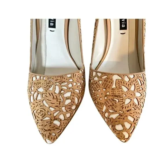 Alice + Olivia Dina Three Laser Cut Cork Pointed Toe Stiletto Pumps EU 40 Italy - Picture 6 of 10